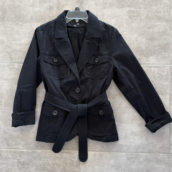 H&M Jackets & Blazers - H&M Women's Rich Black Cotton-Blend Belted Waist Utility-Style Jacket - Size 14